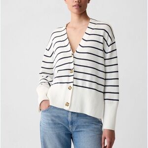 Gap Black/White Stripe 24/7 Split-Hem Linen Blend Oversized Cardigan Size XL